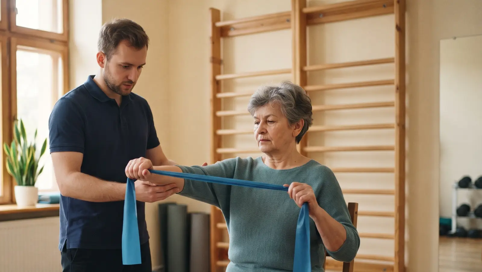 Kobieta około sześćdziesiątki ćwiczy z taśmą oporową w jasnej sali rehabilitacyjnej pod okiem fizjoterapeuty